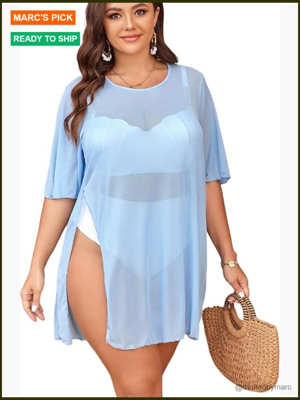 Plus Size Mesh Sheer Swimsuit Cover Up Dress Split Thigh Beach Vacation